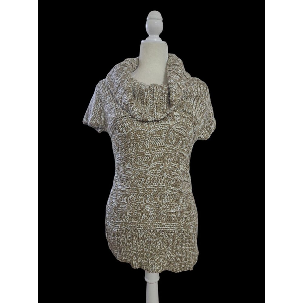At Last New York Women's Teen Chunky Knit Beige Short Sleeve Tunic Cowl Neck XL